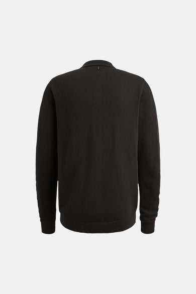 Black textured long-sleeve pullover with ribbed cuffs and hem, back view, featuring small gold logo at neckline.