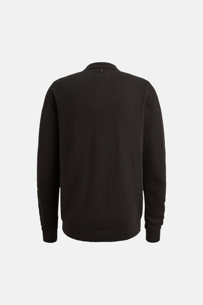 Black textured long-sleeve pullover with ribbed cuffs and hem, back view, featuring small gold logo at neckline.