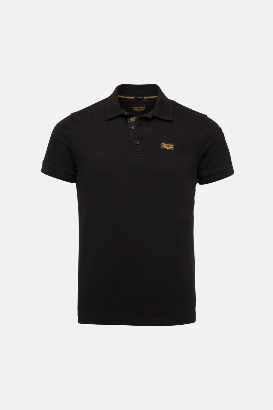 Polo noir de Pme Legend, avec logo brodé sur la poitrine et patte de boutonnage classique.