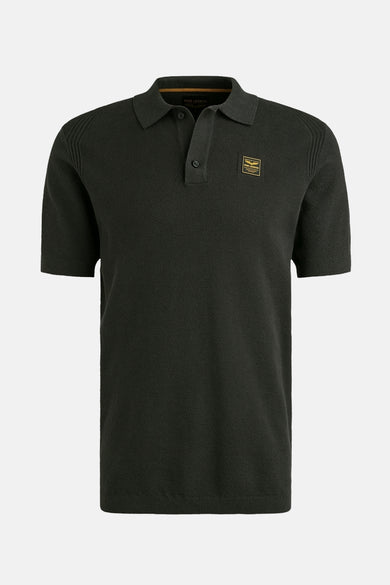 Grijze polo met korte mouwen van PME Legend, met textuurpatroon en decoratief embleem.