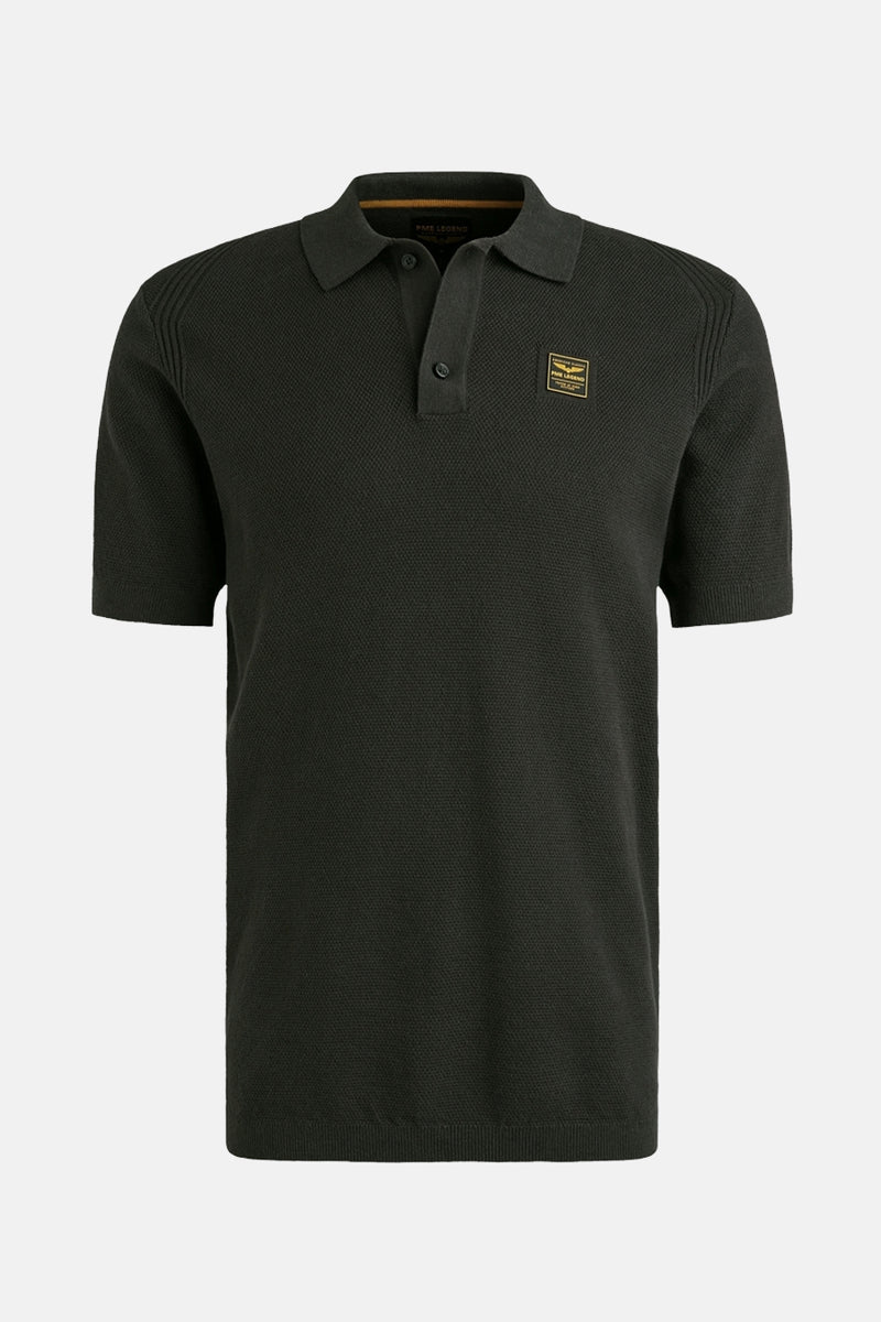 Grijze polo met korte mouwen van PME Legend, met textuurpatroon en decoratief embleem.