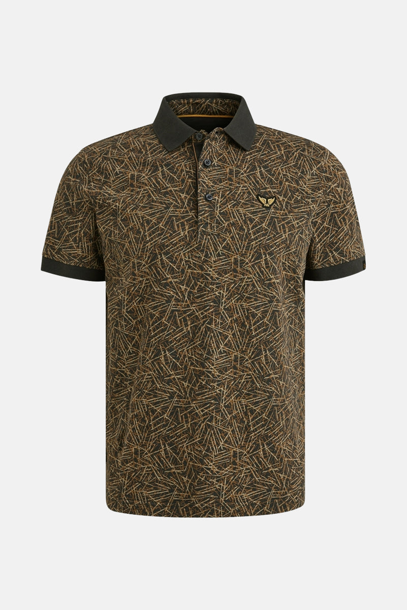 Bruin poloshirt met korte mouwen van PME Legend met geometrische patronen en een contrasterende effen kraag.