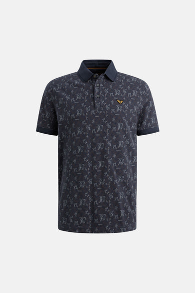 Polo à manches courtes bleu de PME Legend avec motif géométrique et logo brodé sur la poitrine.