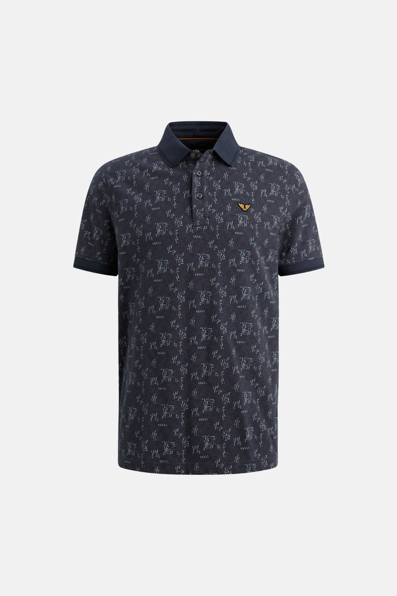 Polo à manches courtes bleu de PME Legend avec motif géométrique et logo brodé sur la poitrine.