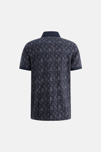 Polo à manches courtes bleu de PME Legend avec motif imprimé abstrait sur l'ensemble.