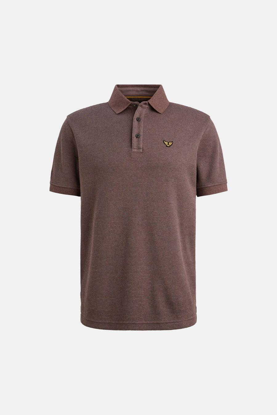 Polo brun de PME Legend avec texture nid d'abeille et logo brodé sur la poitrine.
