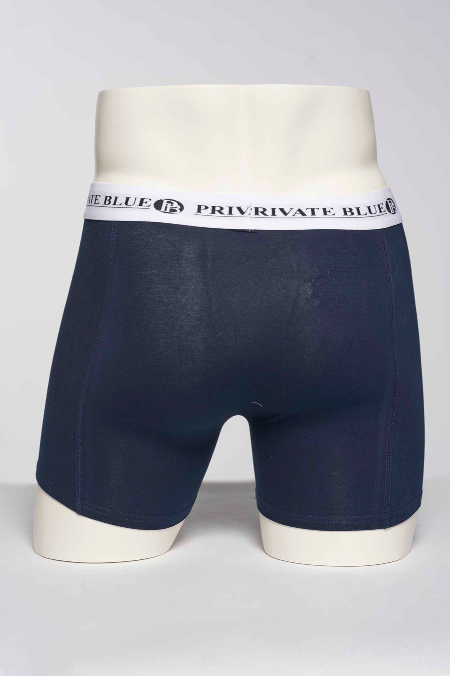 Blauwe boxer van PRIVATE BLUE, effen model getoond op een paspop, achterzicht.