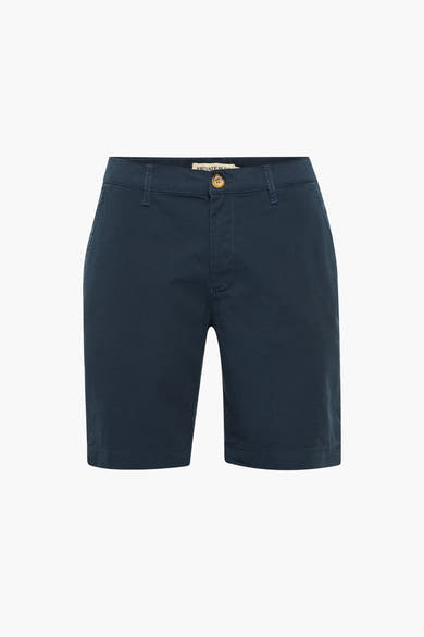 Marineblauwe bermudashort van PRIVATE BLUE, met ritssluiting en een bruine knoop.