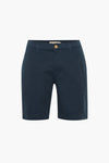 Marineblauwe bermudashort van PRIVATE BLUE, met ritssluiting en een bruine knoop.