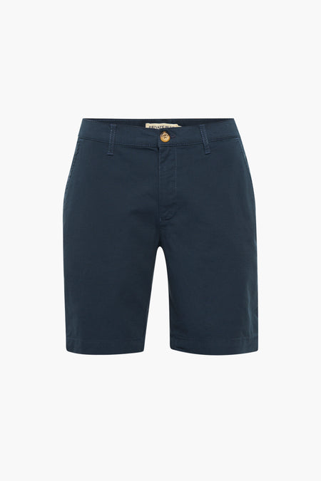 Marineblauwe bermudashort van PRIVATE BLUE, met ritssluiting en een bruine knoop.