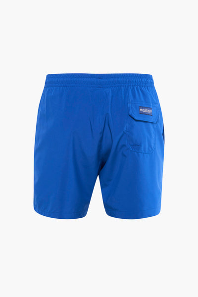 Blauwe zwembroek van PRIVATE BLUE, met een zichtbare achterzak en een elastische tailleband.