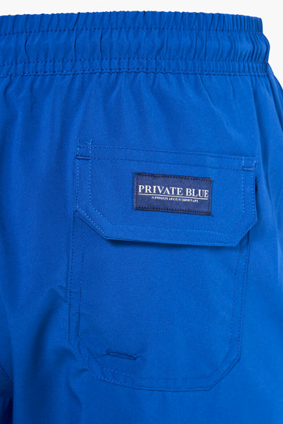 Blauwe zwembroek van PRIVATE BLUE, met achterzak met klep met het merklogo.