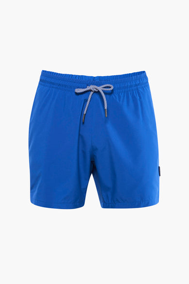 Blauwe zwembroek van PRIVATE BLUE, met een trekkoord met patroon en een subtiel label aan de zijkant.