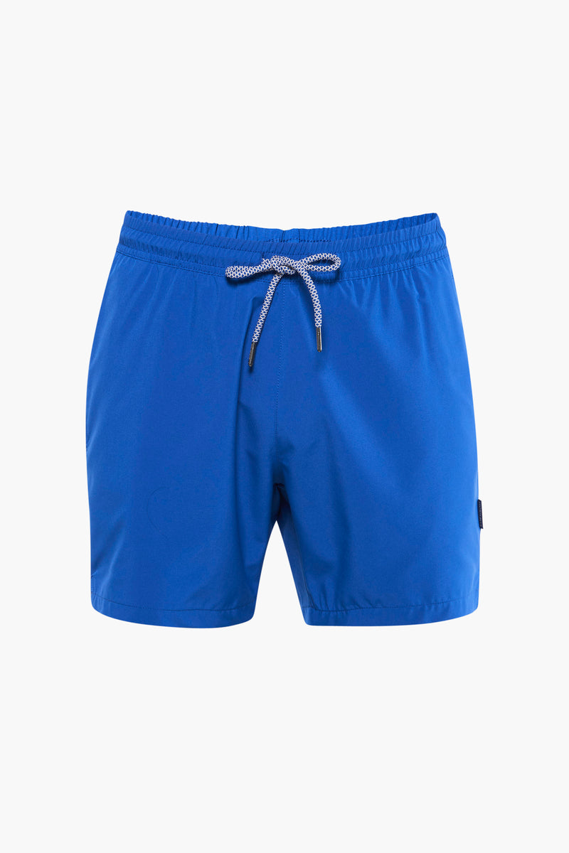 Blauwe zwembroek van PRIVATE BLUE, met een trekkoord met patroon en een subtiel label aan de zijkant.