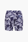 Marineblauwe zwembroek van PRIVATE BLUE met een wit tropisch patroon, achterzak.