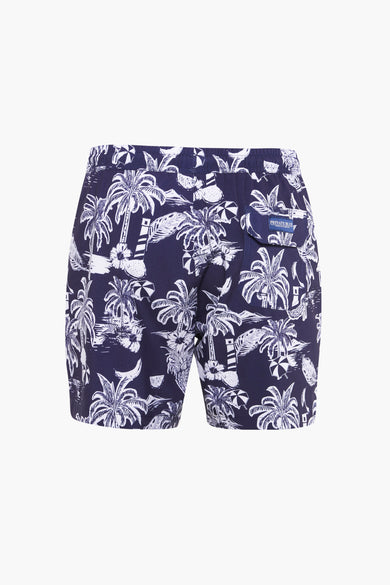 Short de bain bleu marine de PRIVATE BLUE avec un motif tropical blanc, poche arrière.