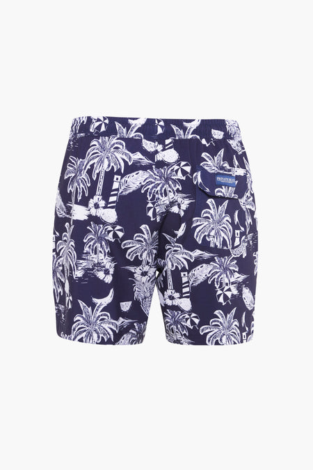 Marineblauwe zwembroek van PRIVATE BLUE met een wit tropisch patroon, achterzak.