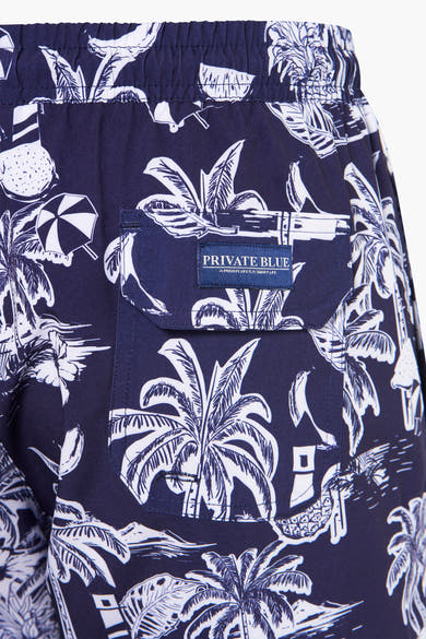 Blauwe zwembroek met tropische print van PRIVATE BLUE, met achterzak en elastisch trekkoord.