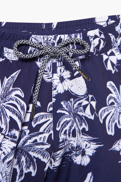 Short de bain bleu imprimé par PRIVATE BLUE avec motif de palmiers et cordon à nouer.