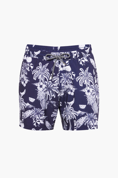 Short de bain bleu de PRIVATE BLUE, avec un motif de palmiers, d'ananas et de parasols.