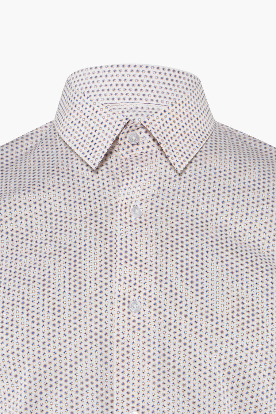 Oranje overhemd met lange mouwen van PRIVATE BLUE, all-over geometrisch patroon, zichtbare witte knopen.