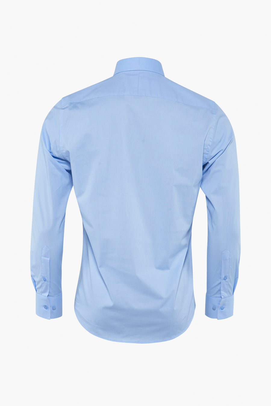 Blauwe blouse met lange mouwen, van PRIVATE BLUE, van achteren gezien, met manchetten met knopen en een klassieke kraag.