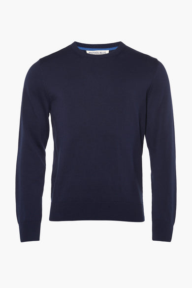 Navy blue crewneck sweater by Private Blue, ribbed cuffs and hem, front view, solid knit texture