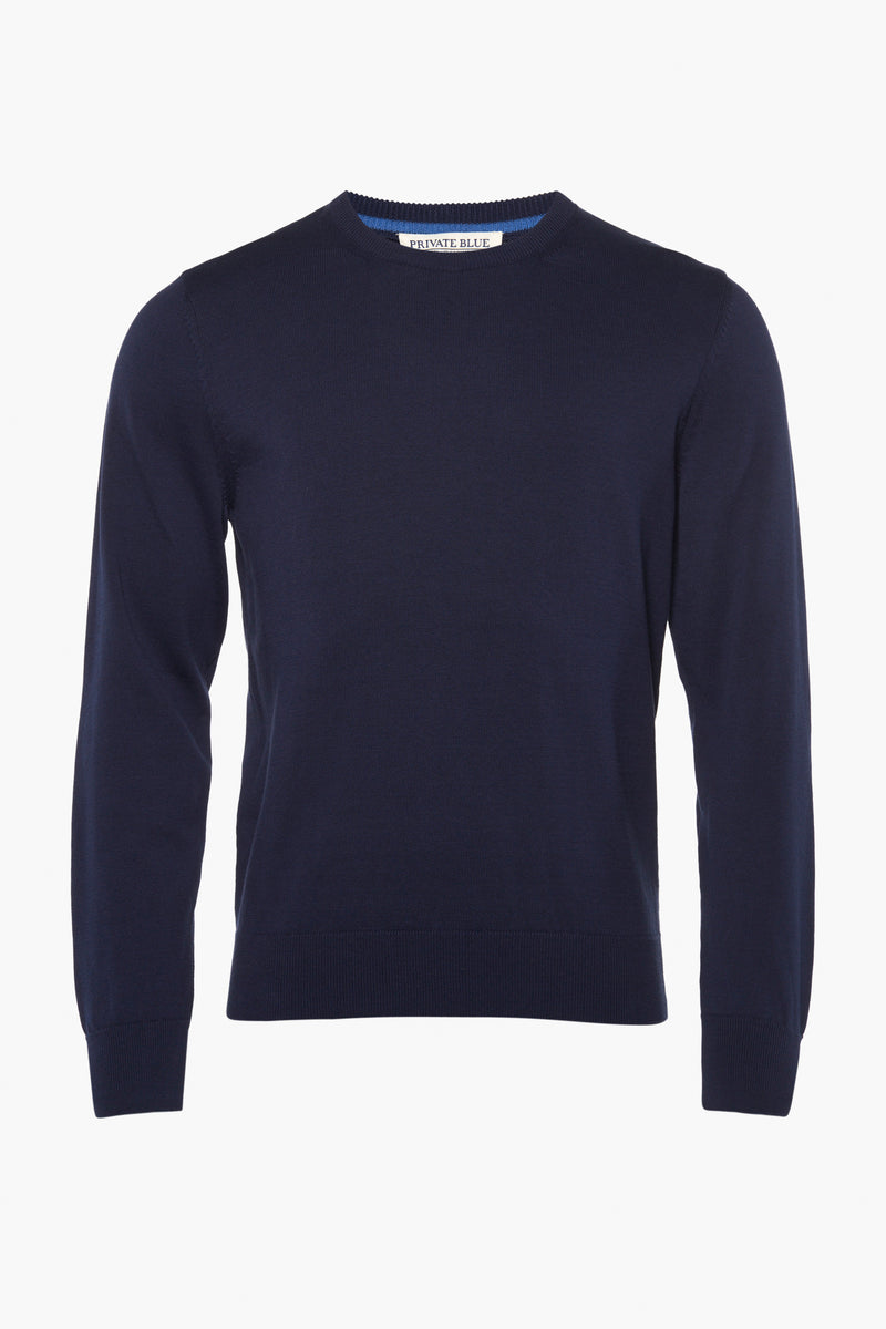 Navy blue crewneck sweater by Private Blue, ribbed cuffs and hem, front view, solid knit texture