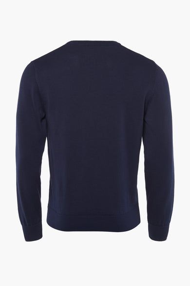 Navy blue crewneck sweater back view, ribbed cuffs and hem, smooth knit texture