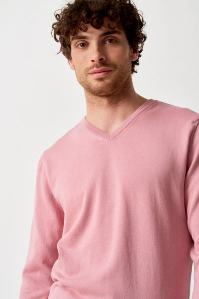 Roze V-hals trui van PRIVATE BLUE, gedragen door een man met krullend haar, op een witte achtergrond.