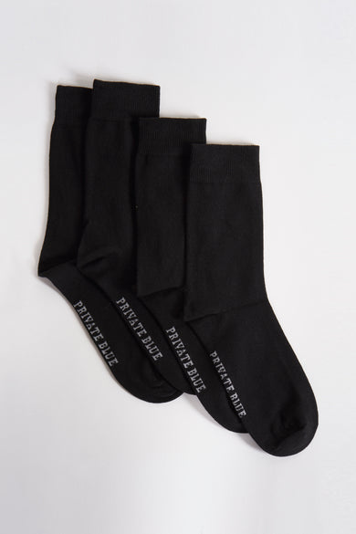 Chaussettes noires de PRIVATE BLUE avec le logo de la marque imprimé sur le pied.