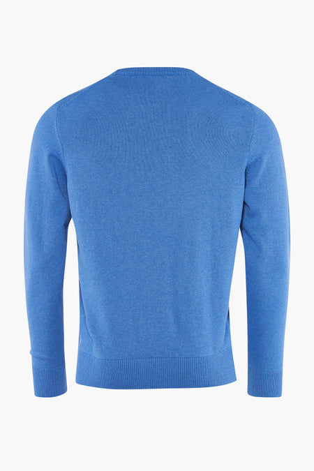 Ronde hals trui blauw van PRIVATE BLUE, in fijne breiwerk, achterzijde.