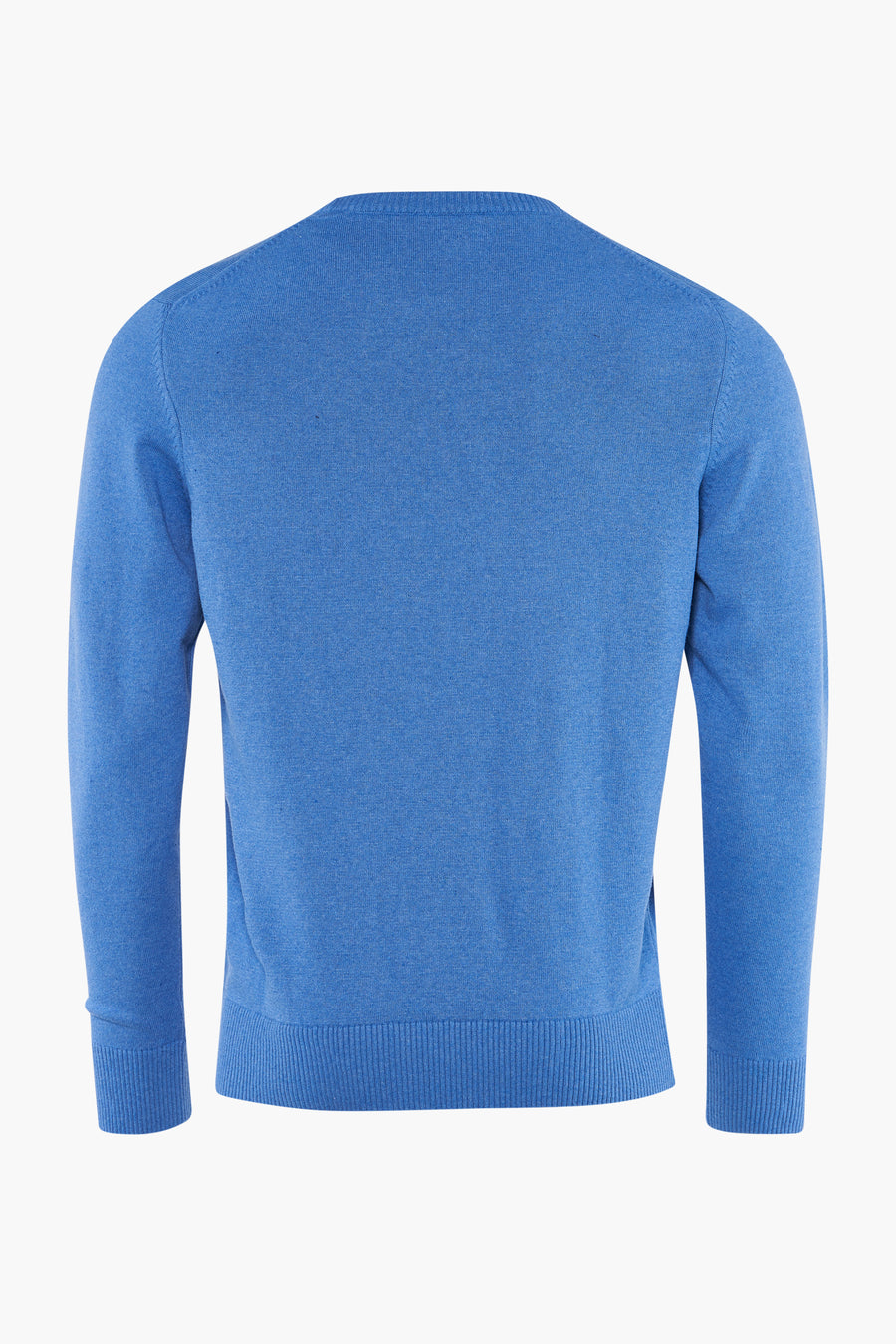 Ronde hals trui blauw van PRIVATE BLUE, in fijne breiwerk, achterzijde.
