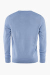 Ronde hals trui blauw van PRIVATE BLUE, in fijne, effen breiwerk, in close-up gepresenteerd.