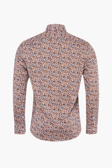 Chemise à manches longues multicolore de PRIVATE BLUE avec motif floral sur fond blanc, vue arrière.