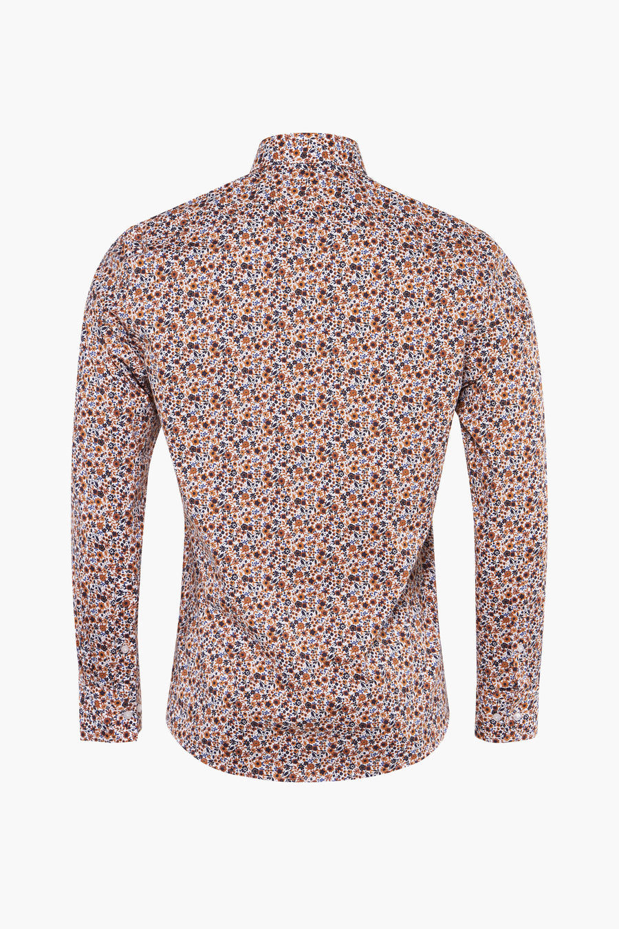 Chemise à manches longues multicolore de PRIVATE BLUE avec motif floral sur fond blanc, vue arrière.