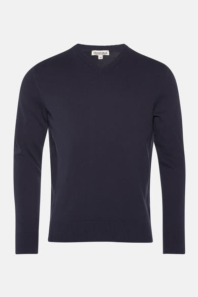 Pull bleu marine à col en V de Private Blue, en maille côtelée fine.