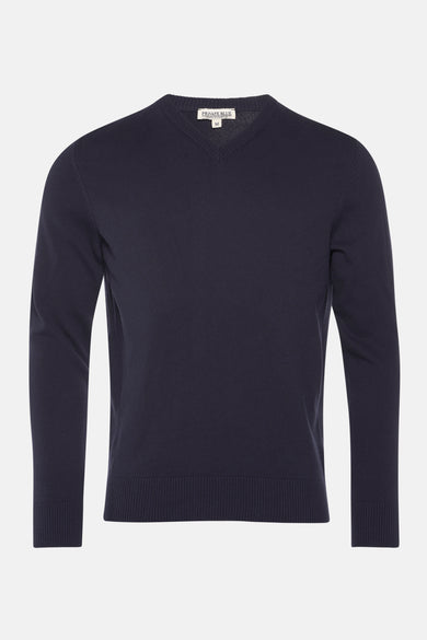 Pull bleu marine à col en V de Private Blue, en maille côtelée fine.