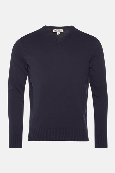 Pull bleu marine à col en V de Private Blue, en maille côtelée fine.