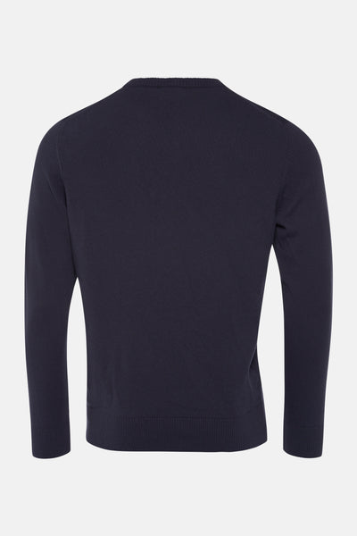 Pull à col en V bleu de PRIVATE BLUE, vue de dos sur fond neutre.