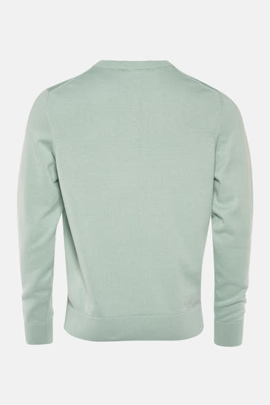Pull à col en V vert de PRIVATE BLUE, vue arrière, en maille fine.