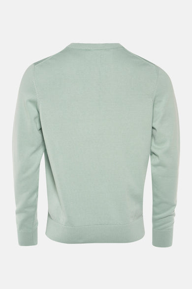 Groene V-hals trui van PRIVATE BLUE, achterkant, in fijne breinaard.