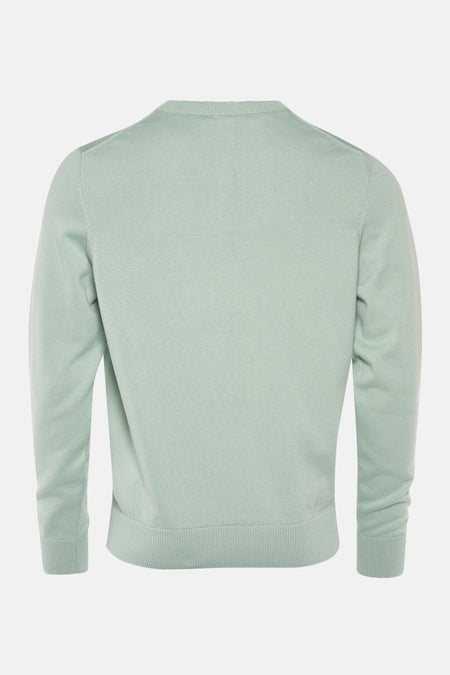 Pull à col en V vert de PRIVATE BLUE, vue arrière, en maille fine.