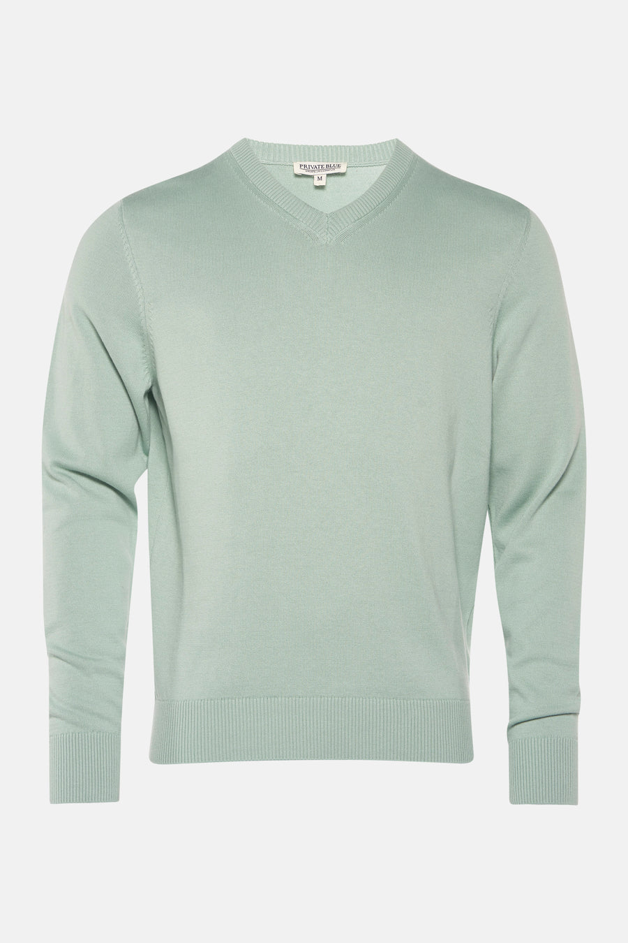 Pull à col en V vert de PRIVATE BLUE, en maille fine et manches longues.