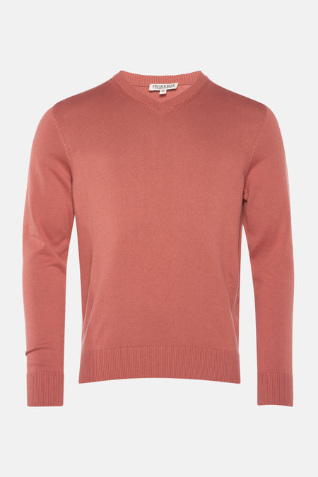 Oranje V-hals trui van PRIVATE BLUE, in fijne breinaalden met geribbelde boorden aan de manchetten en zoom.