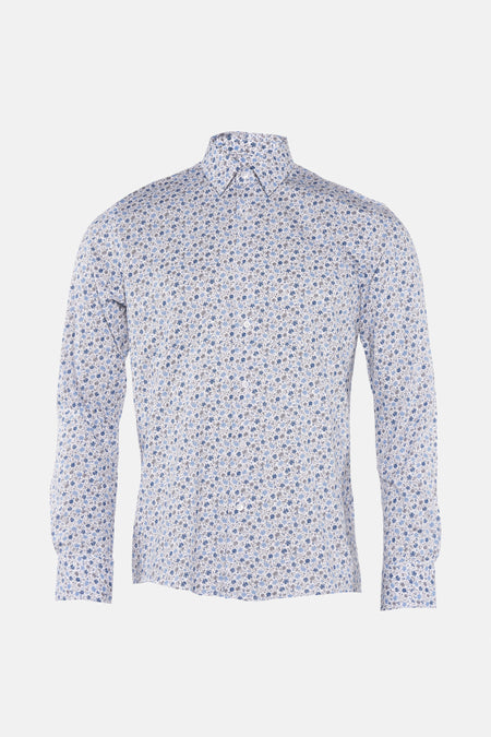 Blauw overhemd met lange mouwen van PRIVATE BLUE, all-over bloemenprint, met knopen.