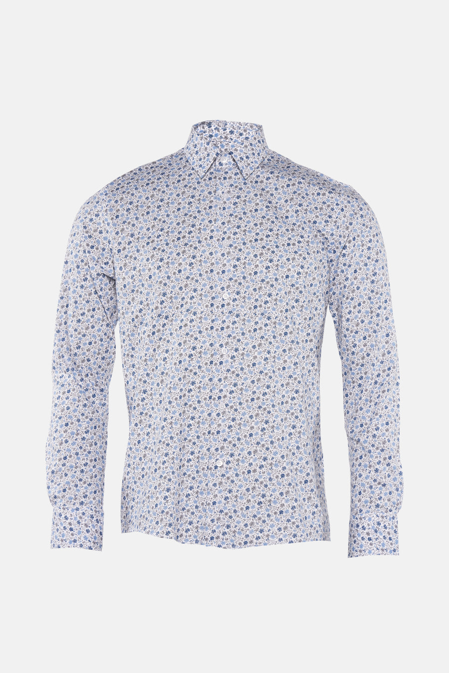 Blauw overhemd met lange mouwen van PRIVATE BLUE, all-over bloemenprint, met knopen.