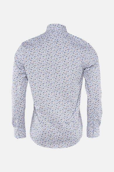 Blauw overhemd met lange mouwen van PRIVATE BLUE, bloemenprint op een witte achtergrond, achterzicht.