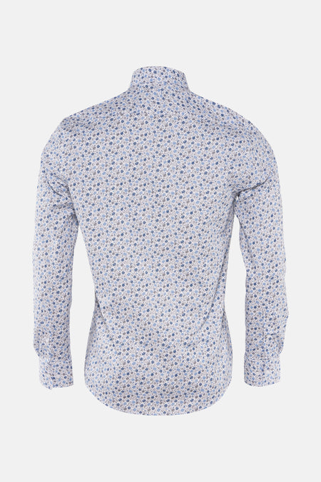 Blauw overhemd met lange mouwen van PRIVATE BLUE, bloemenprint op een witte achtergrond, achterzicht.
