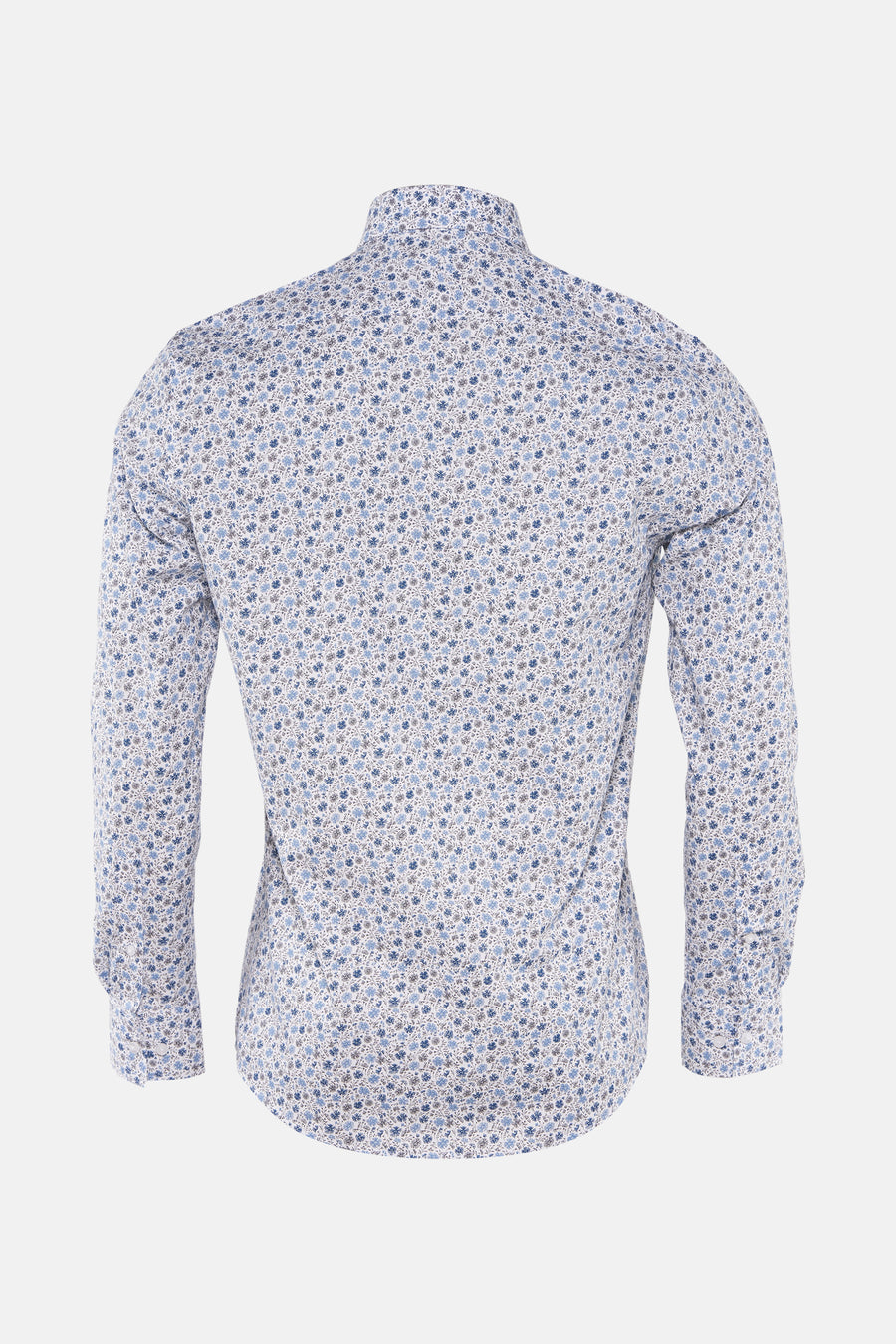 Blauw overhemd met lange mouwen van PRIVATE BLUE, bloemenprint op een witte achtergrond, achterzicht.